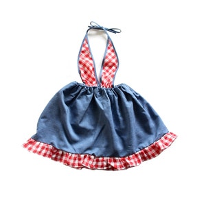Abito anni '70 blu e percalle con schiena scoperta - Nuovo vecchio stock - Taglia 5 anni