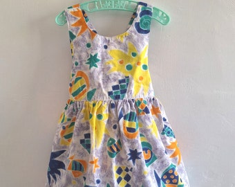 French vintage 80's patterned cotton summer dress - Size 2/3 years