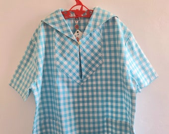 French vintage 50/60's gingham cotton shirt - New old stock - Size 14 years