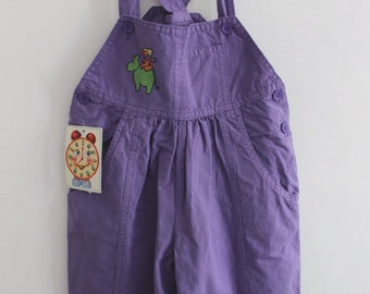 Vintage 1980/90's purple cotton dungarees with printed patterns - Spanish NOS - Size 2 and 3 years