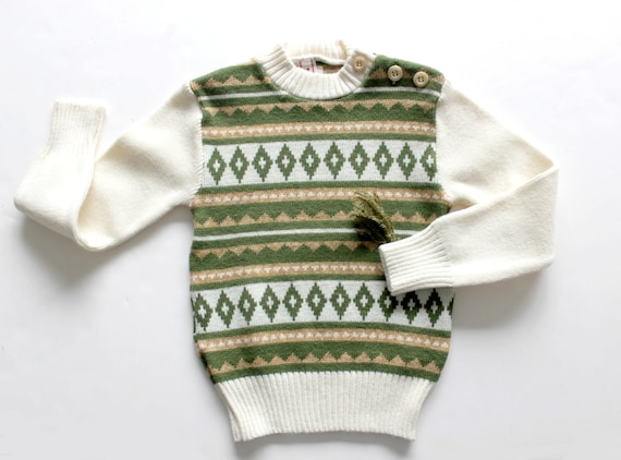 Vintage 1970's cream and green patterned sweater … - image 1