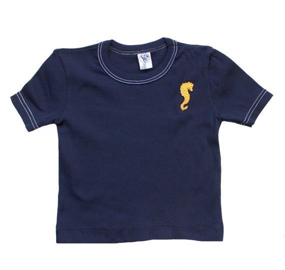 VINTAGE 60/70's navy blue nylon tee with seahorse… - image 1