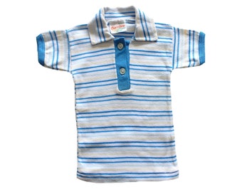 VINTAGE 70's striped blue cotton jersey polo top - French New old stock - Size 3 months