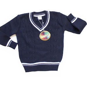 Vintage 70&#39;s navy blue and white V-neck sweater - French new old stock - Size 6 years