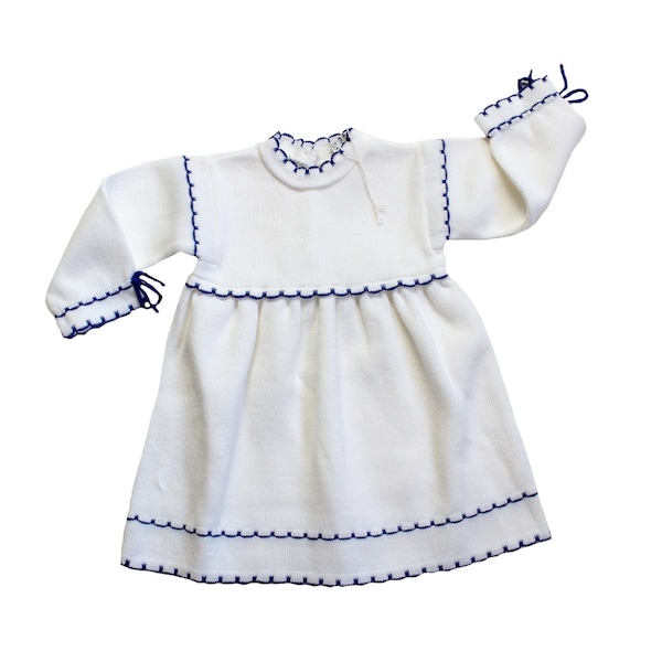 Robe d'hiver à manches longues en tricot blanc et bleu - Stock Neuf - Taille 1 an