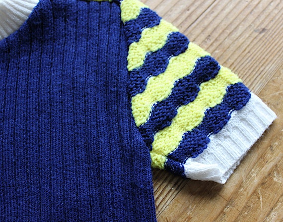 French vintage 70's navy blue and yellow knitted … - image 2