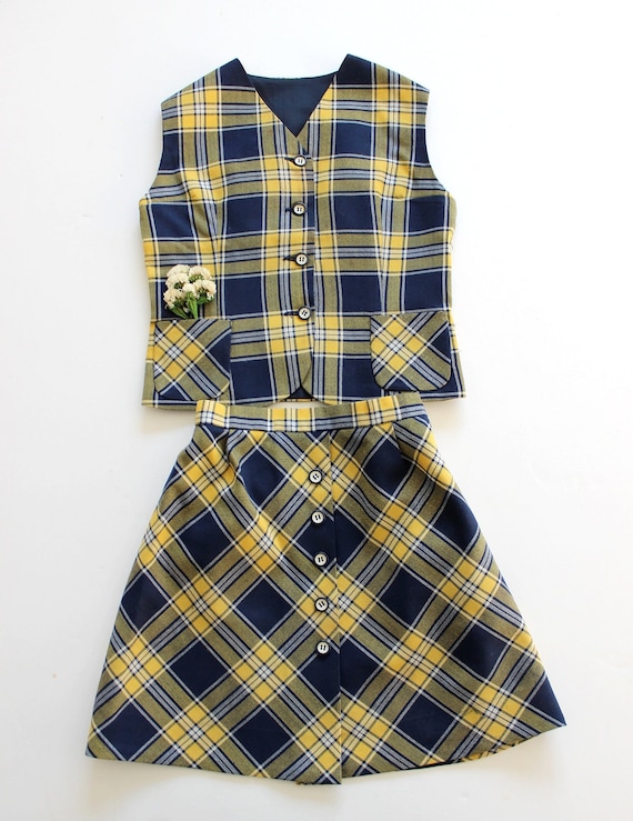 French vintage 70's plaid vest and skirt - French