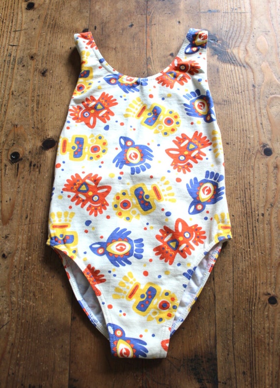 世界的に Vintage 80's Patterned Swimming Suit - French NOS - Size 12 水着・ラッシュガード