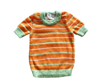 VINTAGE 70's striped orange and green knitted top - French NOS - Size 1 and 2 years