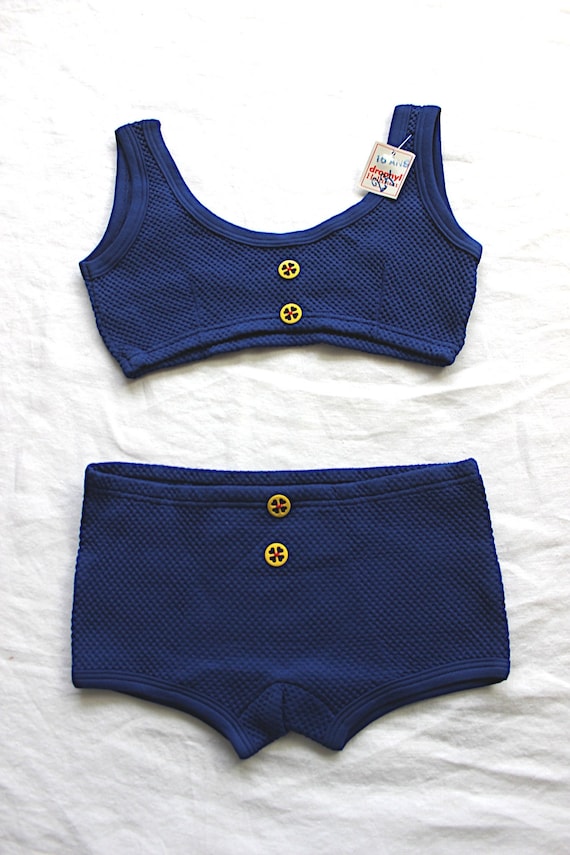 Vintage 60's deep blue bikini with yellow buttons F… Gem