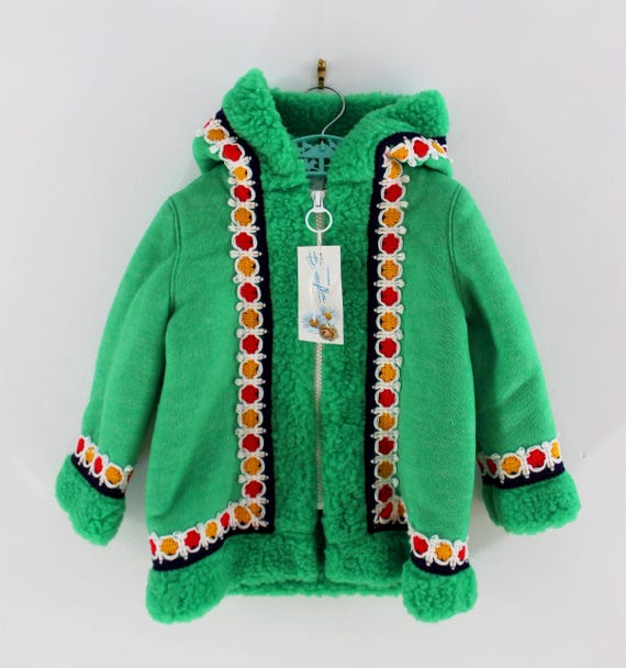 Vintage 70 s Hooded Apple Green Coat French New Old Stock Size 2 Years Etsy Canada