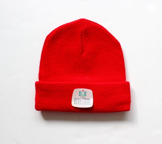 Vintage 70's winter bright red beanie hat French NOS Size 6/8 years
