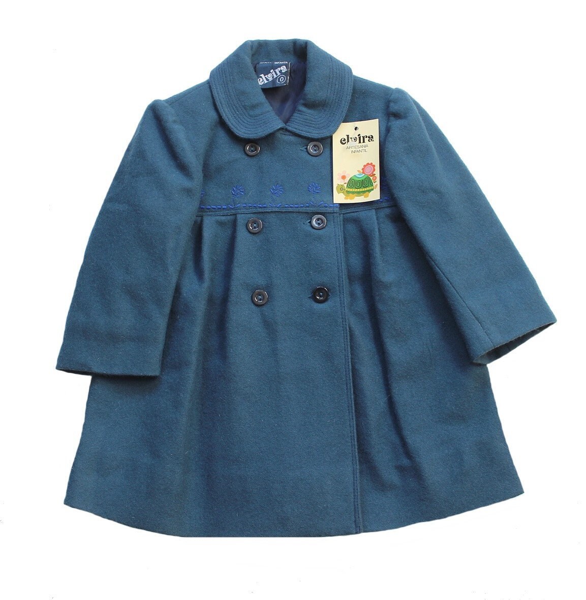 Vintage 1970/80 Duck Blue Wooly Coat With Embroideries