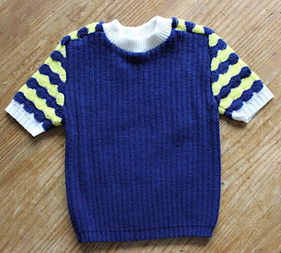 French vintage 70's navy blue and yellow knitted … - image 1