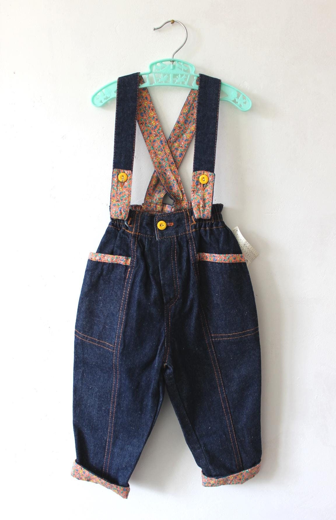 Vintage 80's Suspender Denim Pants With Floral Details