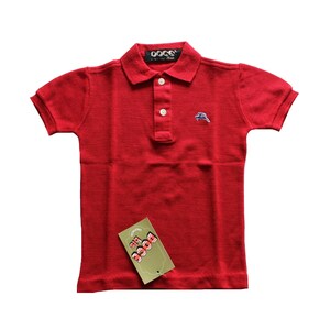 May include: Red short-sleeved polo shirt with a small embroidered logo on the left chest. The shirt has a button-down collar and a tag that reads "Big Dog" in a stylized font.