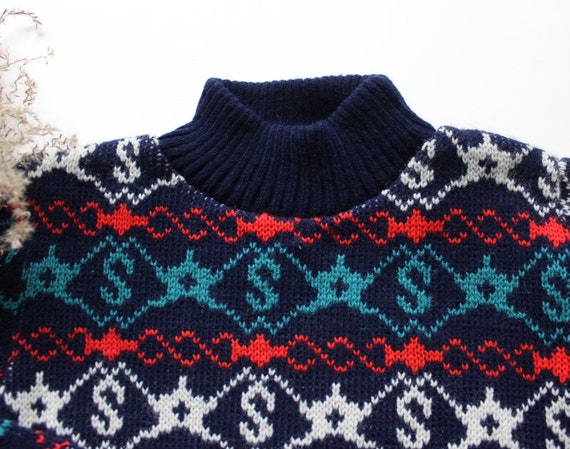 Vintage 1970's navy blue patterned sweater - Fren… - image 3