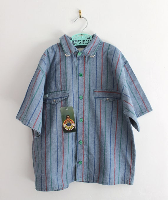 Vintage 80's striped Chambray cotton shirt - Span… - image 1