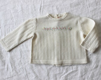 Vintage 1950/60's cream pure wool sweater with hand embroideries - Italian NOS - Size 6 months