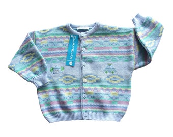 French vintage 80's light blue patterned cardigan - New old stock - Size 4 years