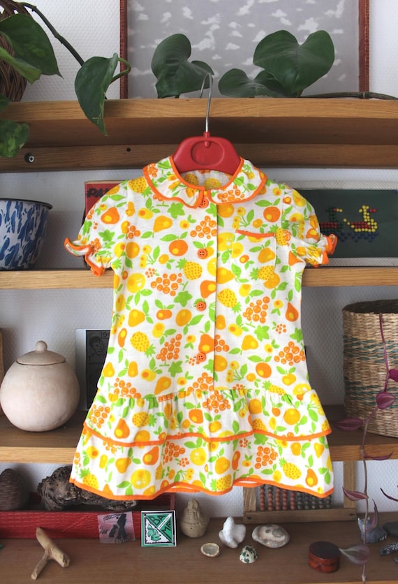 Vintage 70's Fruits Patterned Cotton Dress - French New Old Stock - Size 18 Months