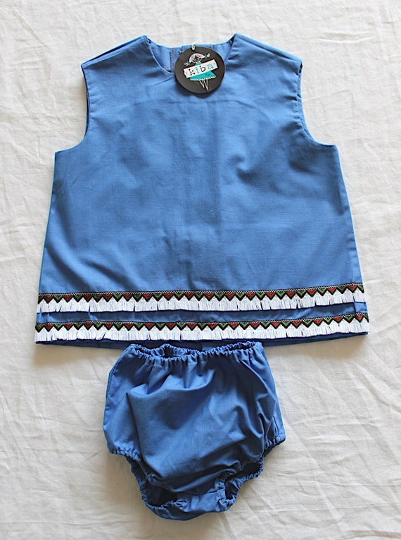 Ensemble d'été en coton bleu pervenche avec décor frangé des années 60 - Stock ancien neuf - Taille 4 ans