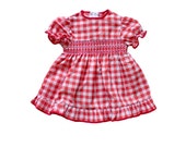 FRENCH VINTAGE 70's / kids / dress /  smock / gingham / red and white / polyester blend / as new / size 6 months