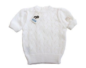 French vintage 70's white knitted top - New old stock - Size 6/12 months