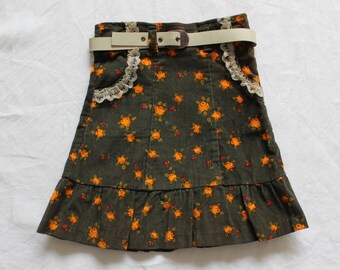 Vintage 70's floral belted corduroy skirt - French NOS - Size 3/4 years