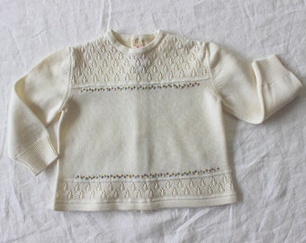 Vintage 1950/60's cream pure wool sweater with hand embroideries - Italian NOS - Size 9 months