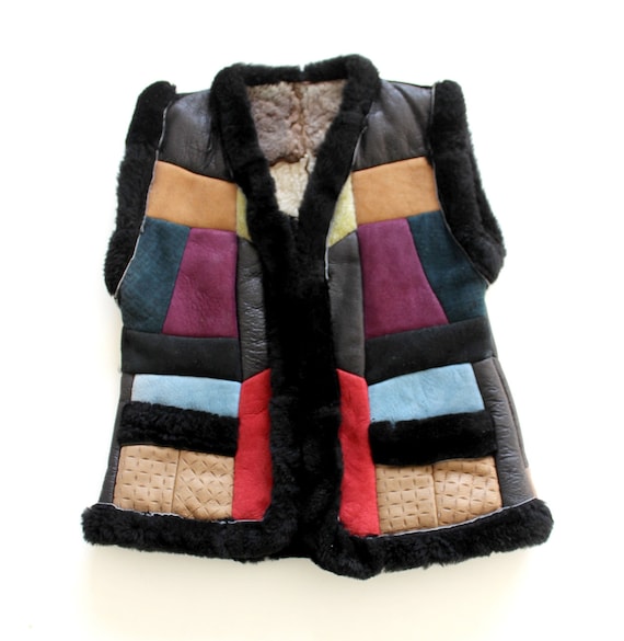 FRENCH vintage 70's Boho patchwork sheepskin leath