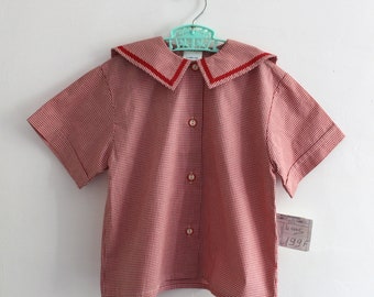 Top in cotone a quadretti con colletto alla marinara anni '80 - Nuovo stock - Taglia 4 anni