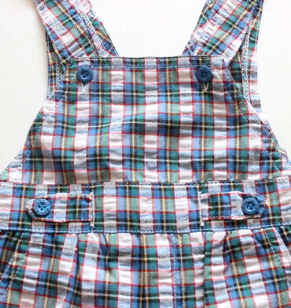 VINTAGE 80's checkered cotton short dungarees - F… - image 2