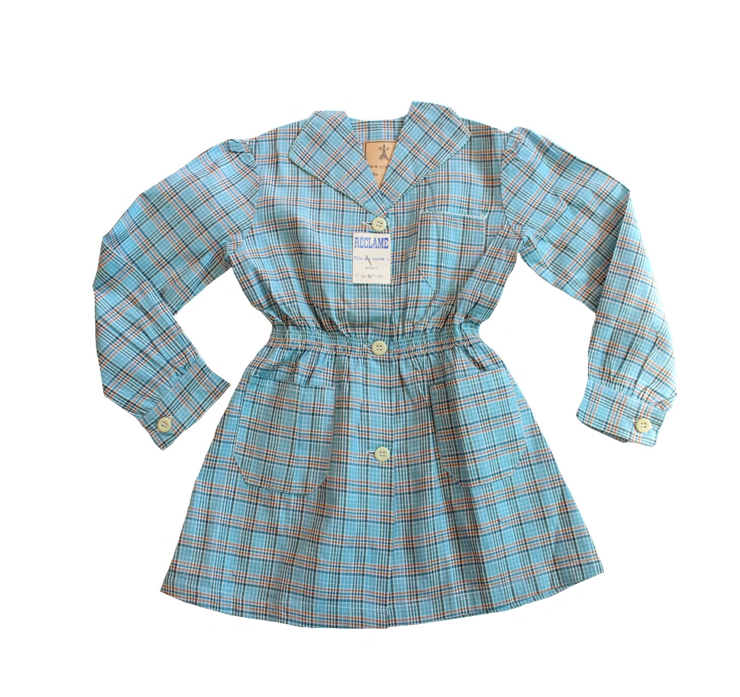 Vintage 50's Checkered Cotton Smock - French NOS - Size 6/7