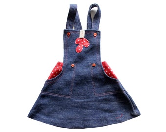 Robe trapèze en jersey bleu jean appliqué " Champignon " des années 70 - Stock Neuf - Taille 1 an