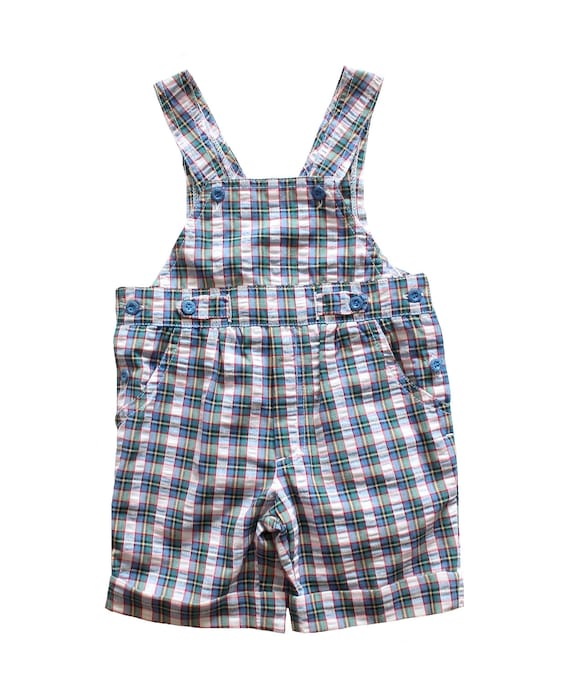VINTAGE 80's checkered cotton short dungarees - F… - image 1
