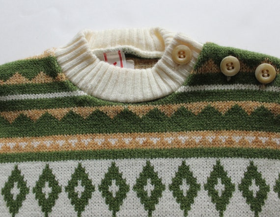 Vintage 1970's cream and green patterned sweater … - image 2