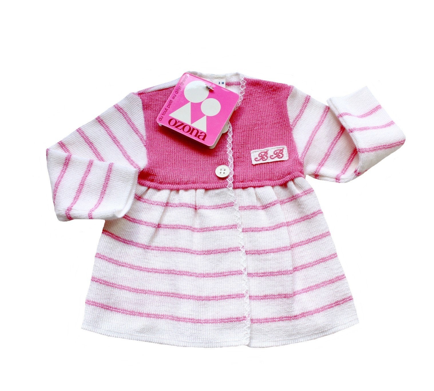 French Vintage 70's White and Pink Striped Baby Girl