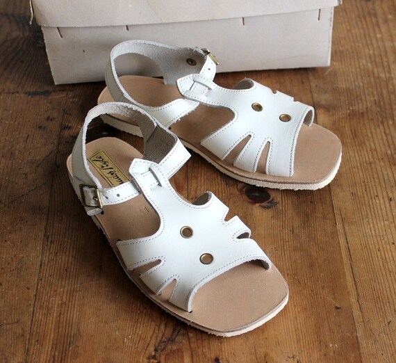 French vintage 60's white leather sandals - NOS -… - image 1