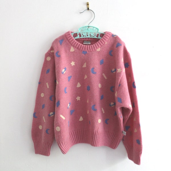 Pull rose motifs planètes des années 80 - Stock Neuf - Taille 4 ans