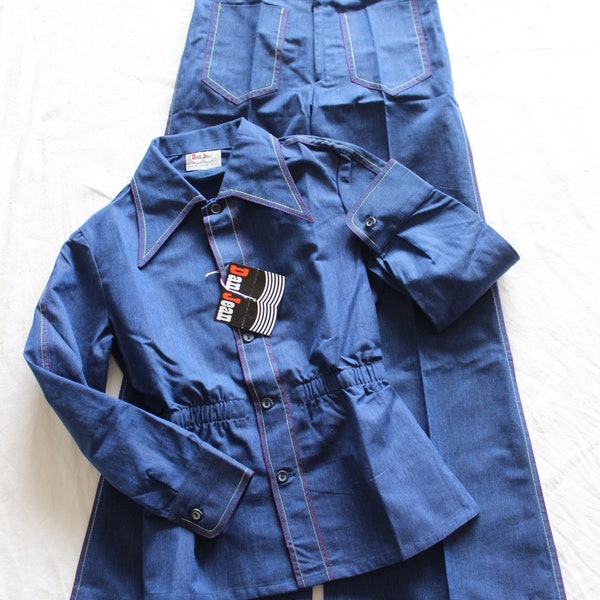 Ensemble veste + pantalon en coton bleu des années 70 - Stock Neuf - Taille 6 et 8 ans