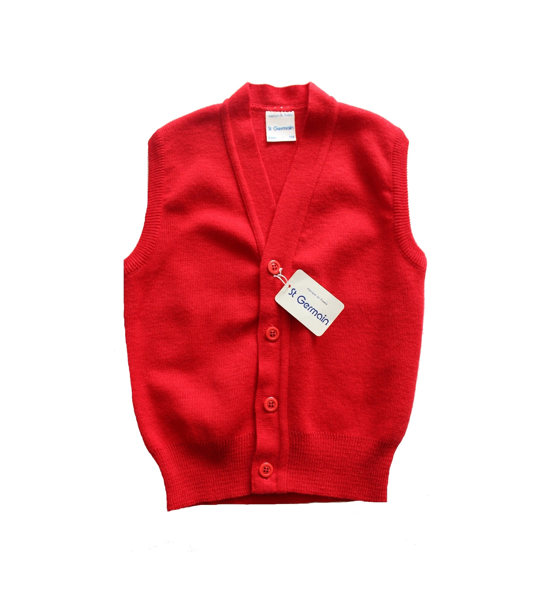 French Vintage 70 s Bright Red Sleeveless Cardigan New Old Stock Size 6 Years Etsy UK