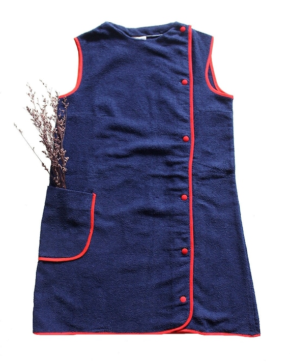 Vintage 60/70's navy blue terrycloth summer dress… - image 1