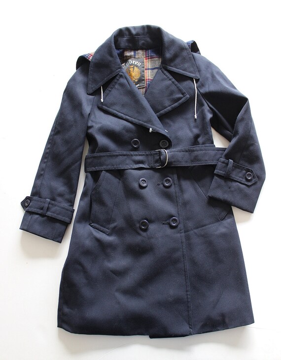 Vintage 70's navy blue hooded winter trench coat -