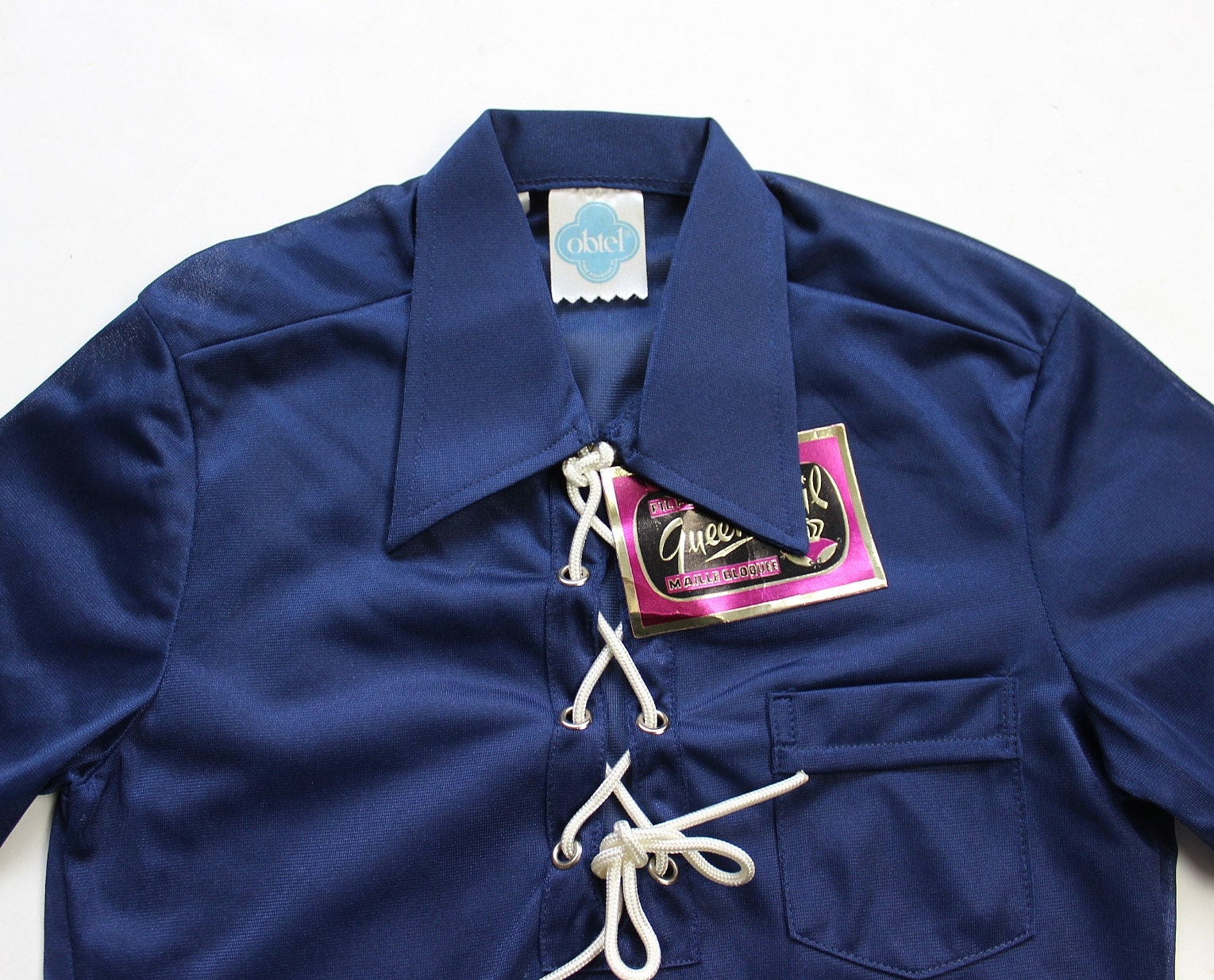 Vintage 1970's Navy Blue Nylon Jersey Polo Top - French New