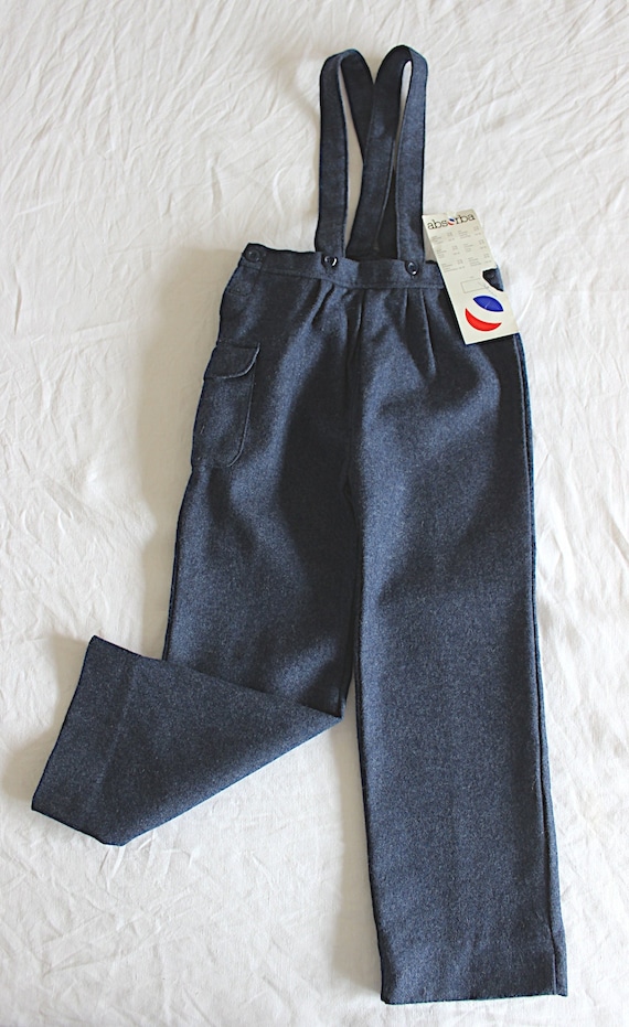 Vintage 70's blue wooly suspender trousers - Frenc