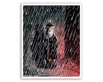 Old Man & Cat in the Rain - 8x10" art print