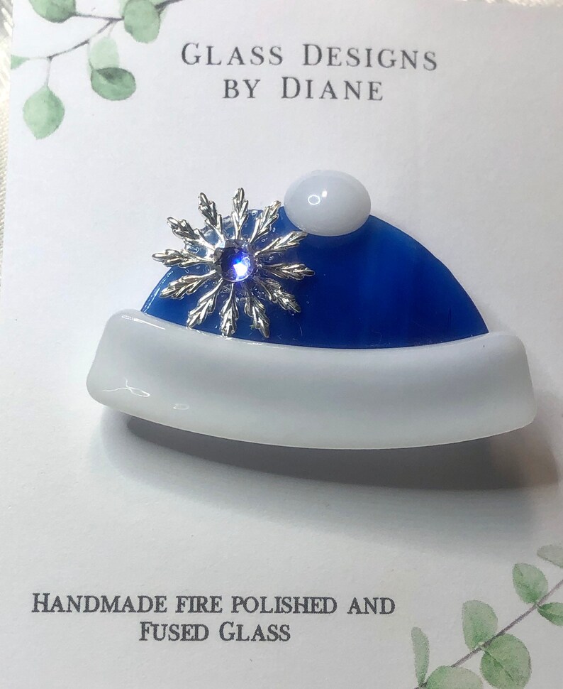 Winter Hat Fused Glass Pin Brooch Blue