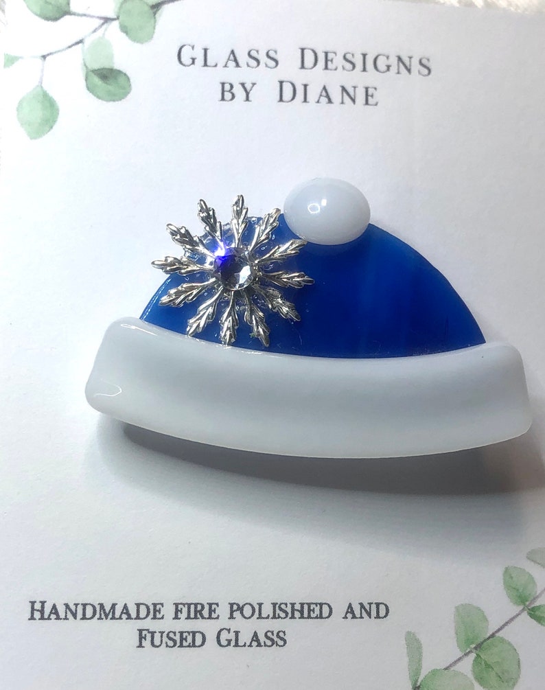 Winter Hat Fused Glass Pin Brooch Blue