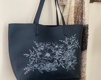 Large Black Floral Tote Bag